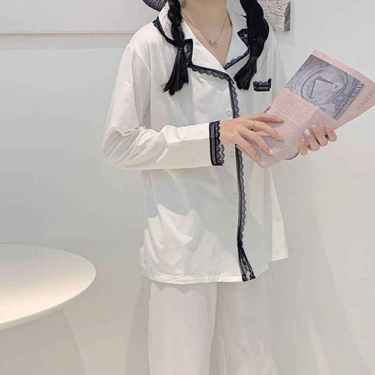 Elegant White Lace Trim Split Bottom Pajama Set (EG217)