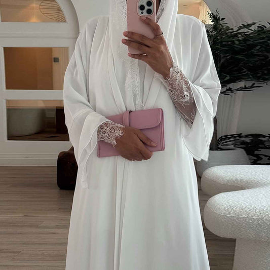 Leilah Lace Abaya Set - White (EG142) - Ikah