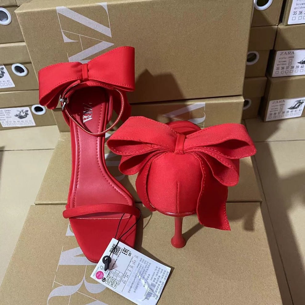 ZARA Red Satin Bow Heels - Elara Global