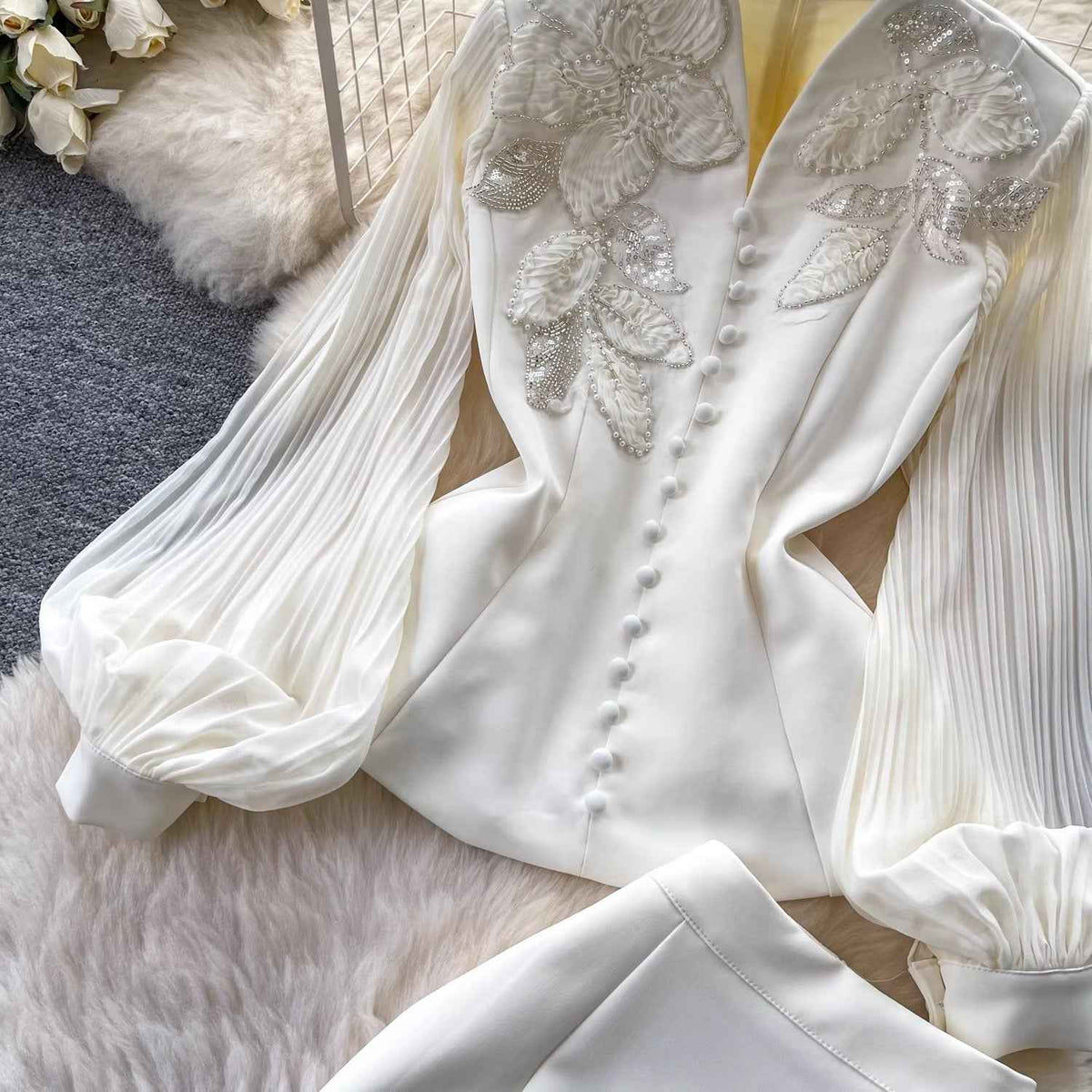 Élise Couture Embellished Peplum & Skirt Set – Ivory (DI183)