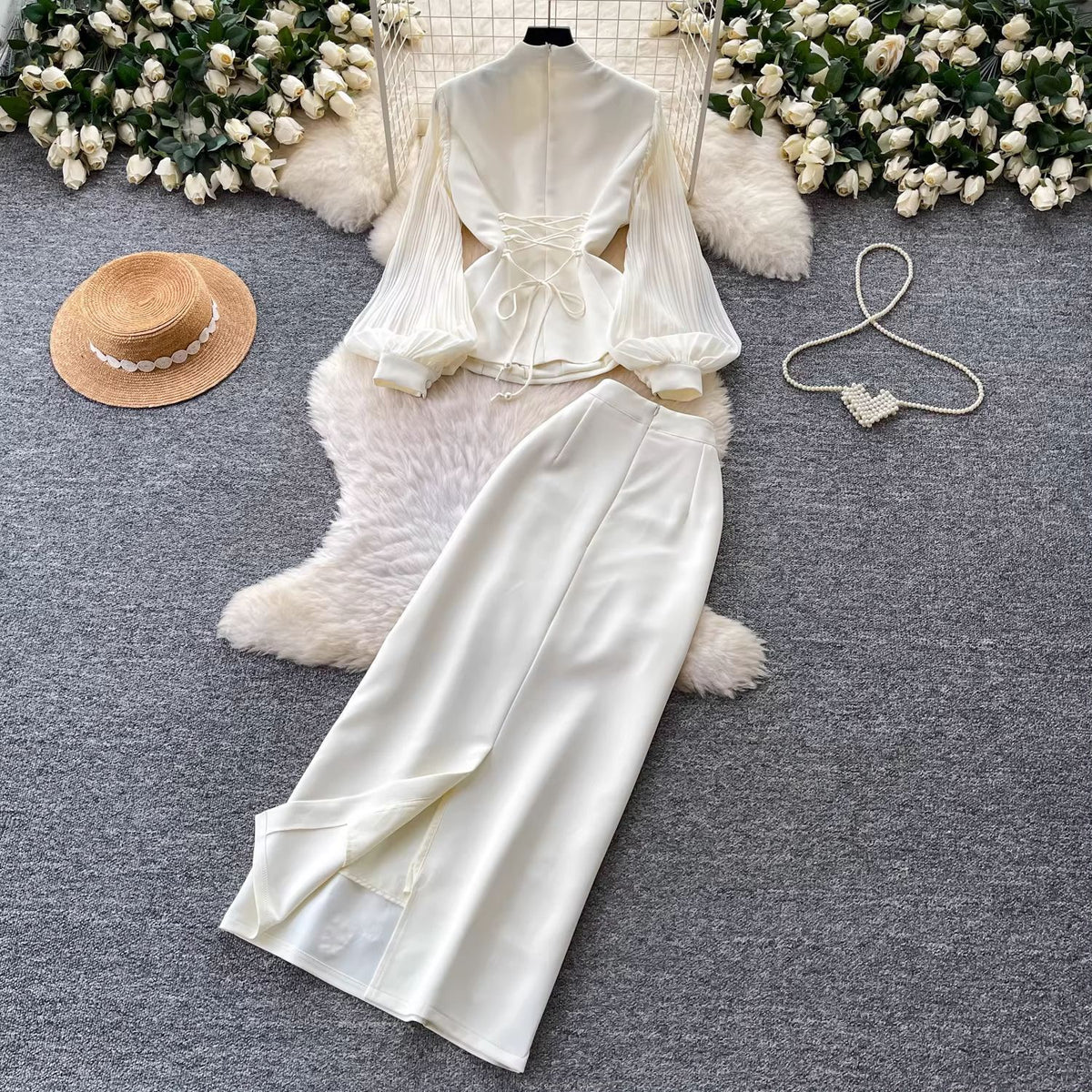 Élise Couture Embellished Peplum & Skirt Set – Ivory
