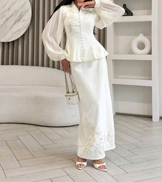 Élise Couture Embellished Peplum & Skirt Set – Ivory