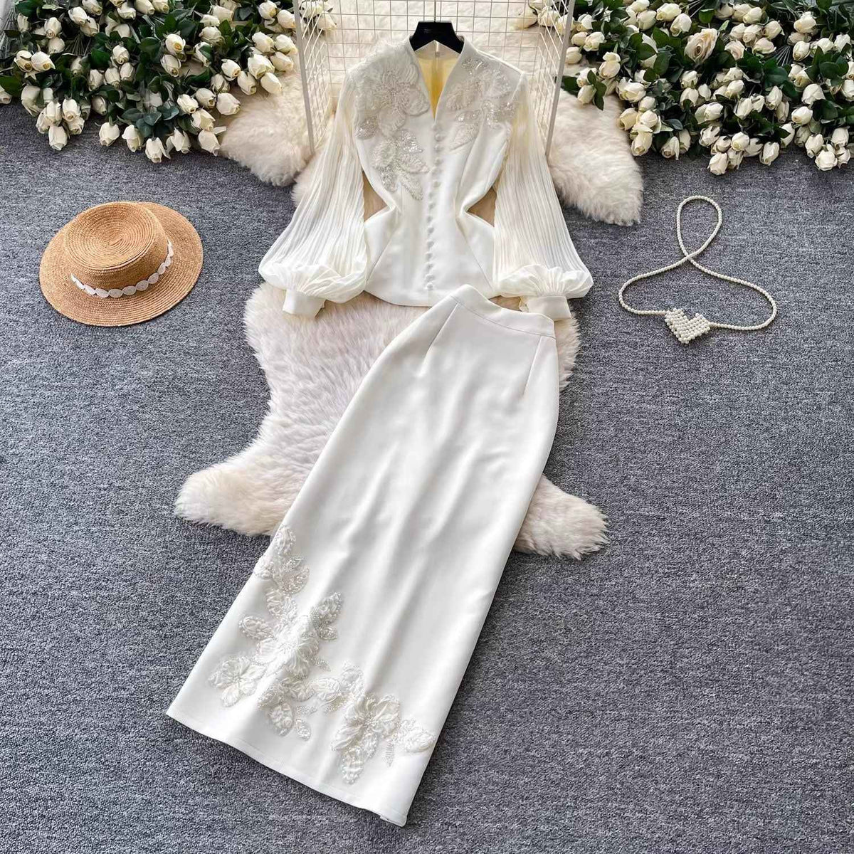 Élise Couture Embellished Peplum & Skirt Set – Ivory (DI183)