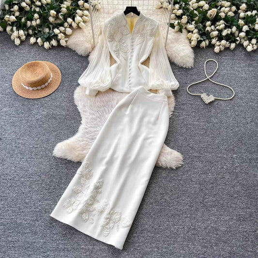 Élise Couture Embellished Peplum & Skirt Set – Ivory (DI183)
