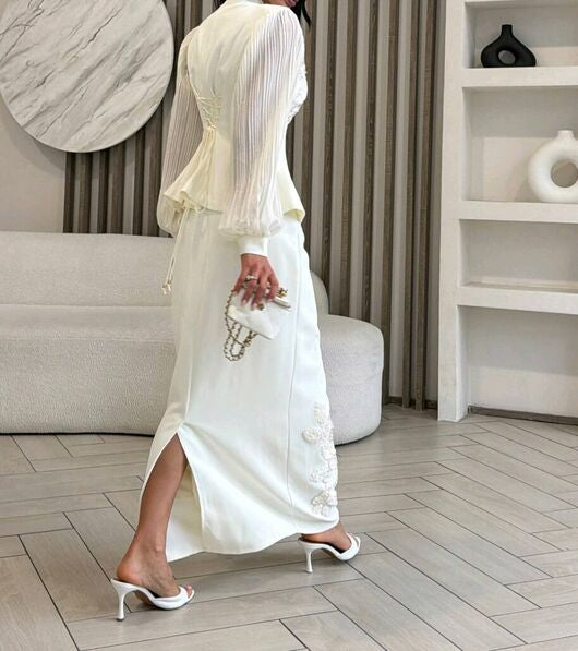 Élise Couture Embellished Peplum & Skirt Set – Ivory