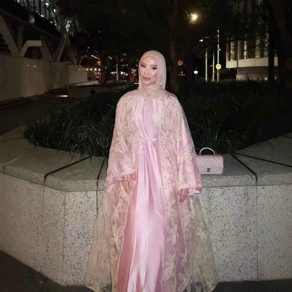 Blossom Embroidered Modest Luxury Abaya Cardigan Set | Pink 3D Floral Sheer Cover-Up with Matching Inner Dress (EG106)