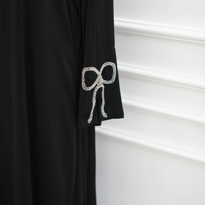 Cherry Fawn Handcrafted Silver Bow Sleeves Abaya (EG124) - Elara Global