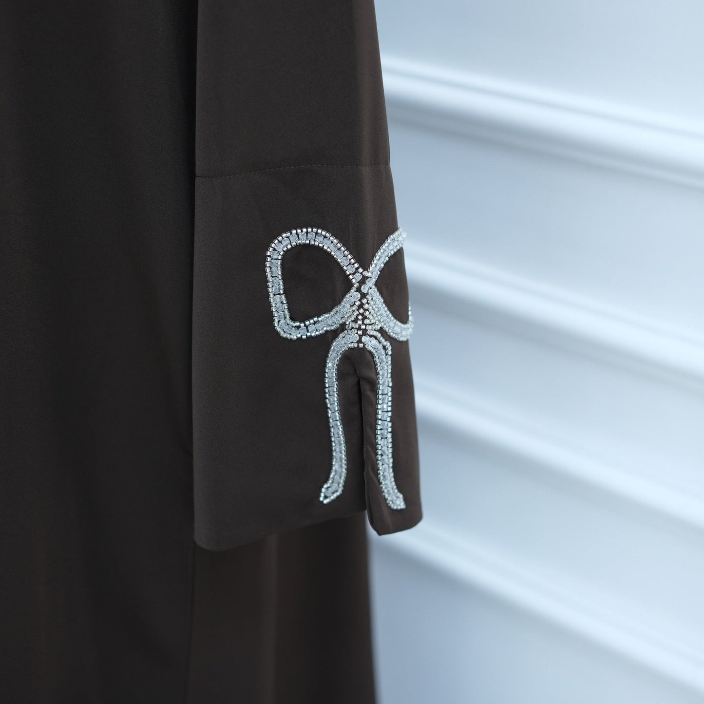 Cherry Fawn Handcrafted Silver Bow Sleeves Abaya (EG124) - Elara Global