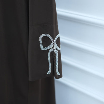 Cherry Fawn Handcrafted Silver Bow Sleeves Abaya (EG124) - Elara Global