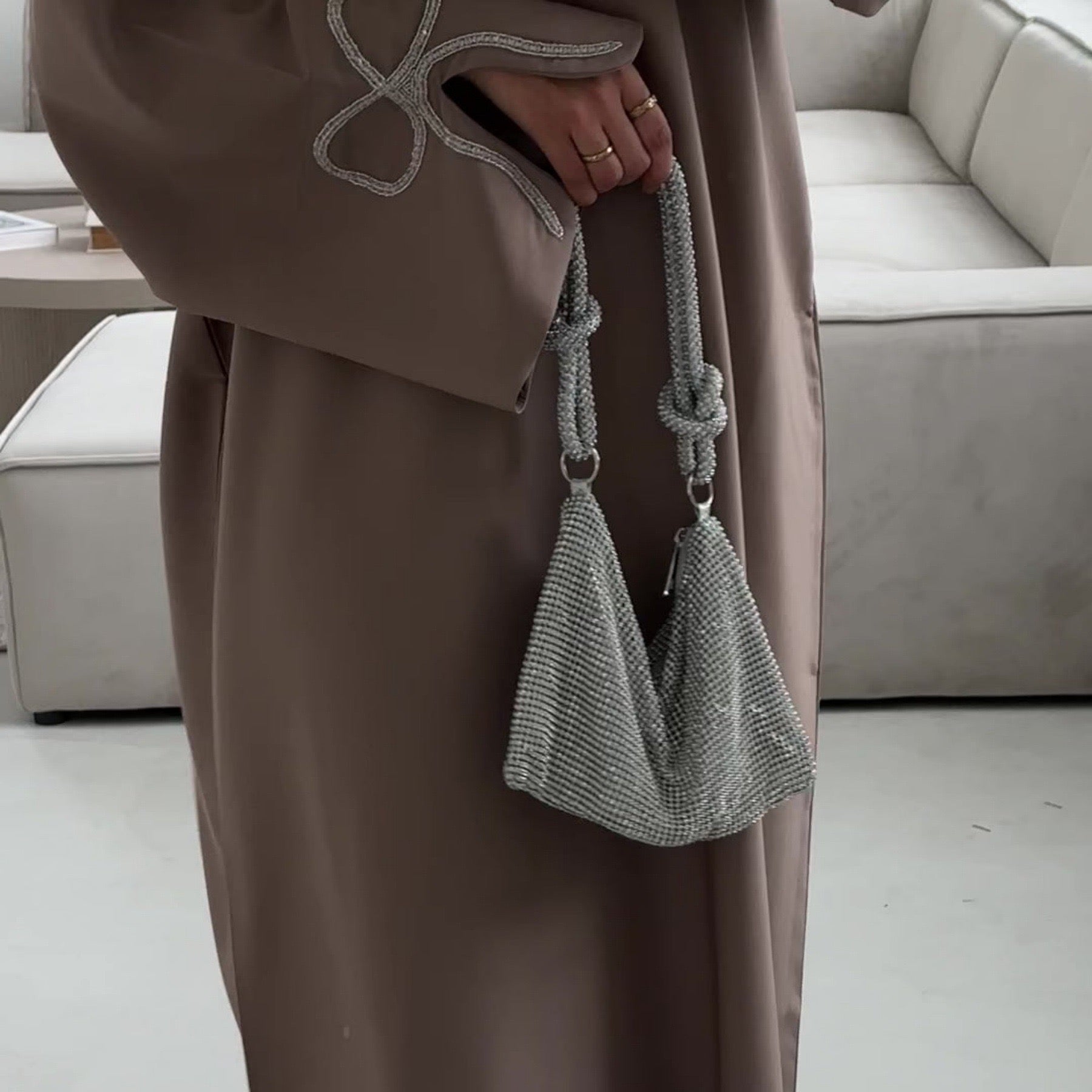 Cherry Fawn Handcrafted Silver Bow Sleeves Abaya (EG124) - Elara Global
