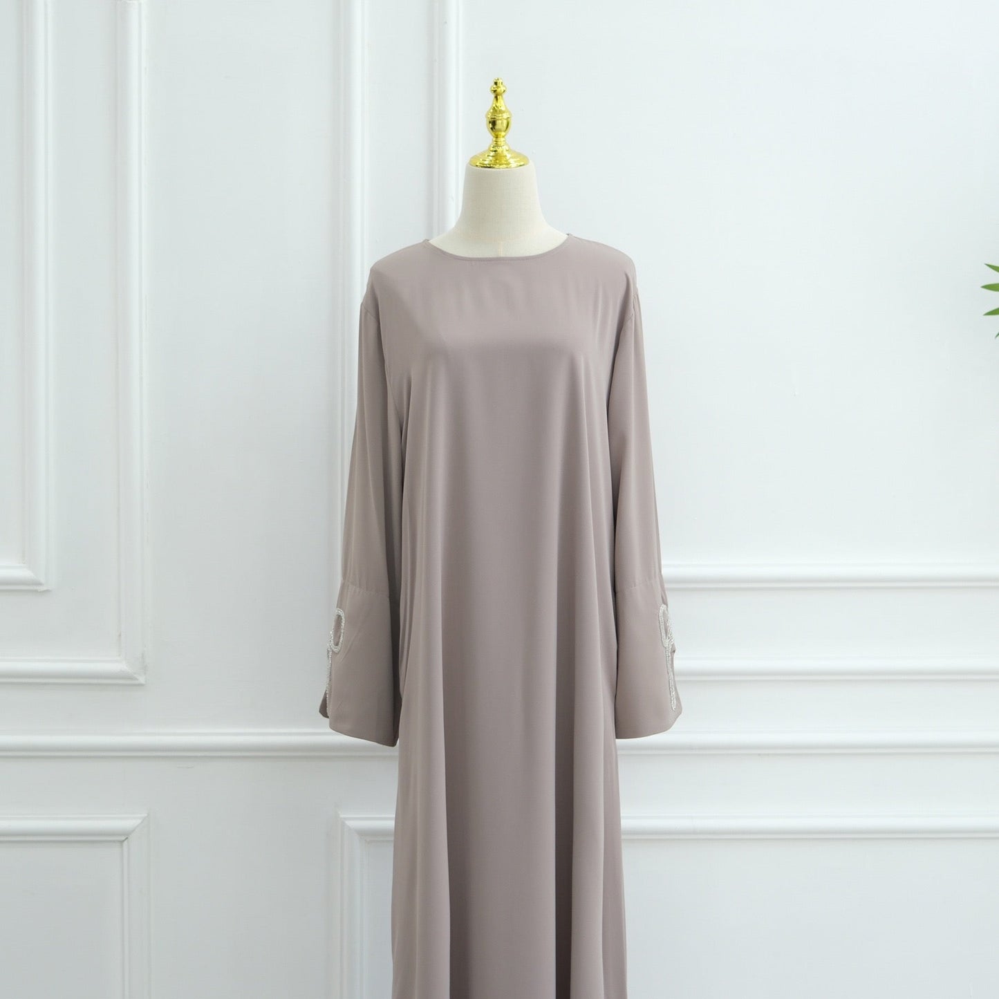 Cherry Fawn Handcrafted Silver Bow Sleeves Abaya (EG124) - Elara Global