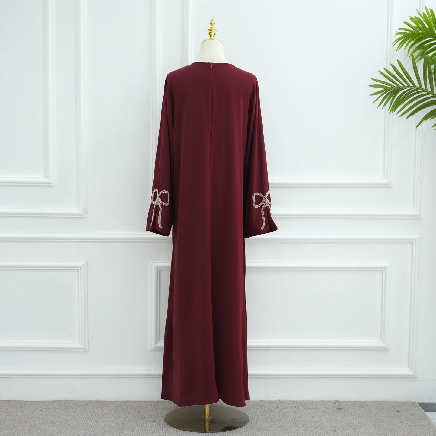Cherry Fawn Handcrafted Silver Bow Sleeves Abaya (EG124) - Elara Global