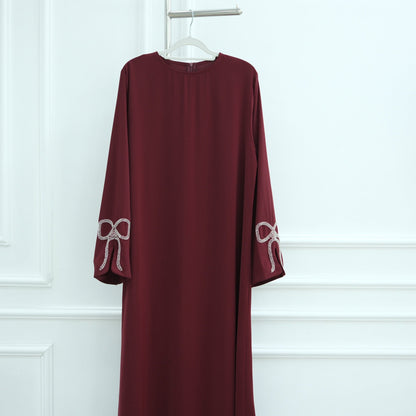 Cherry Fawn Handcrafted Silver Bow Sleeves Abaya (EG124) - Elara Global