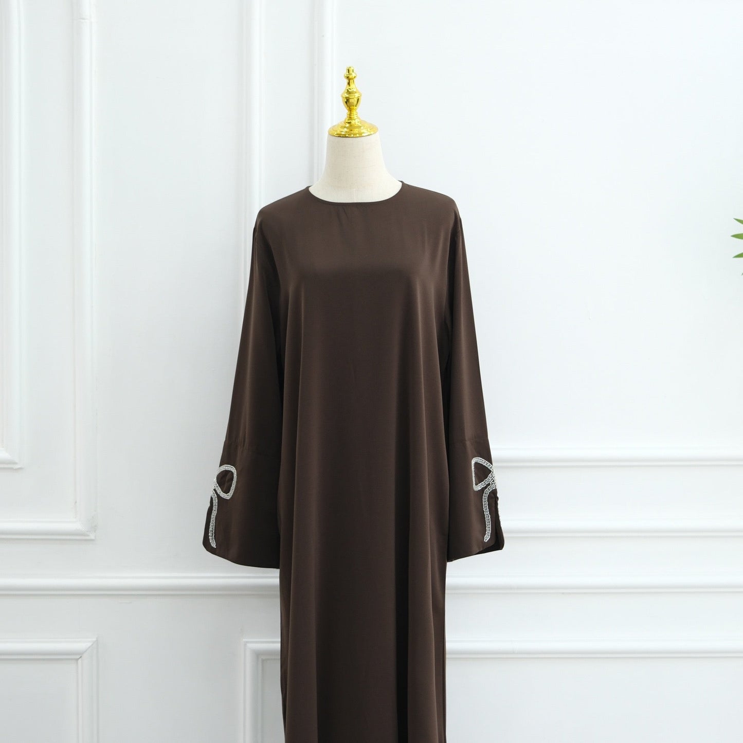 Cherry Fawn Handcrafted Silver Bow Sleeves Abaya (EG124) - Elara Global