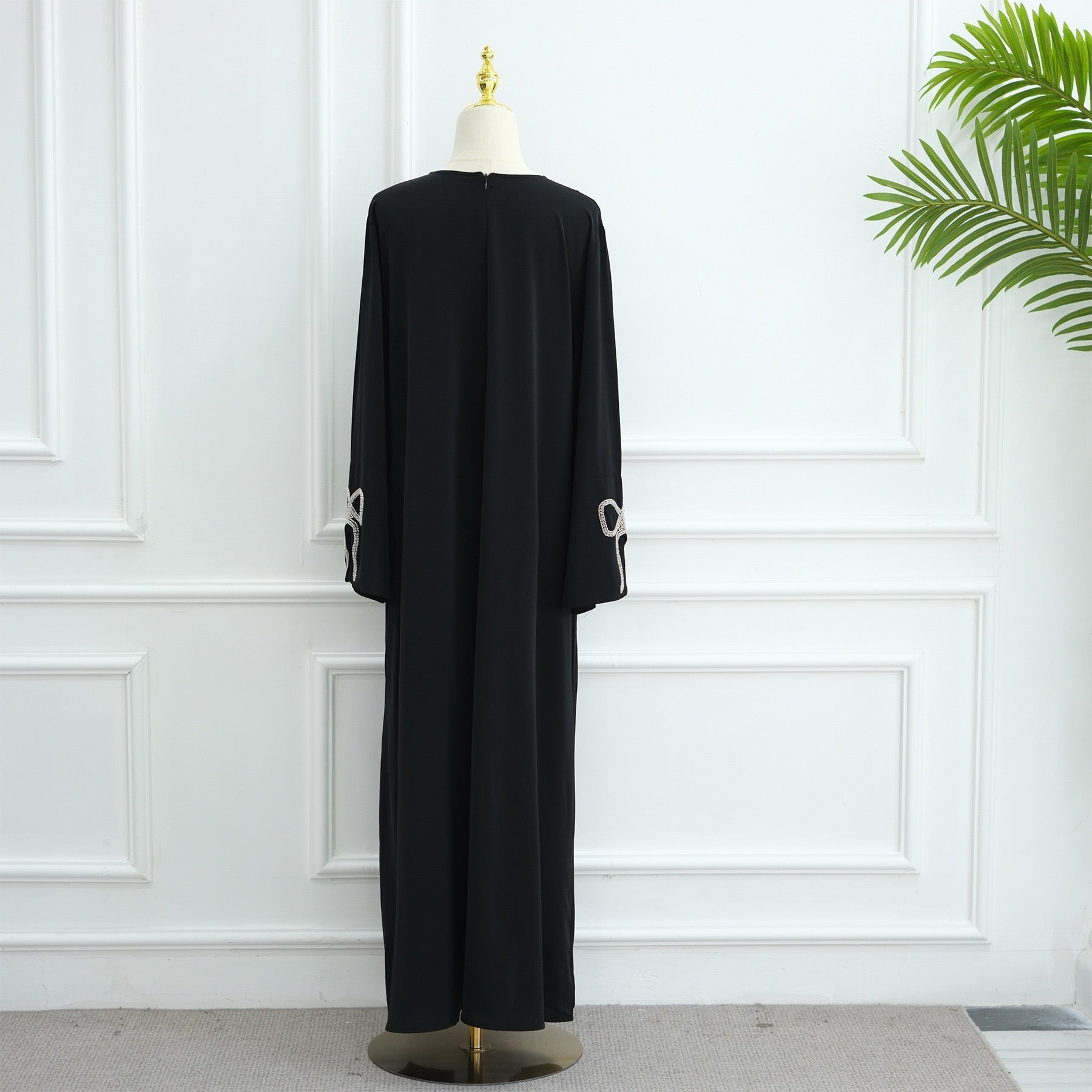 Cherry Fawn Handcrafted Silver Bow Sleeves Abaya (EG124) - Elara Global