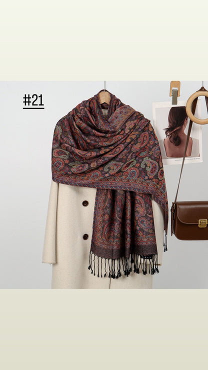 Classic Ethnic Style Popular Cashew Nutted Printed Hanging Tassel Elegant Shawl - Elara Global