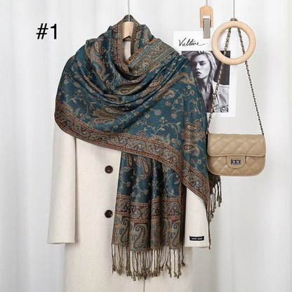 Classic Ethnic Style Popular Cashew Nutted Printed Hanging Tassel Elegant Shawl - Elara Global
