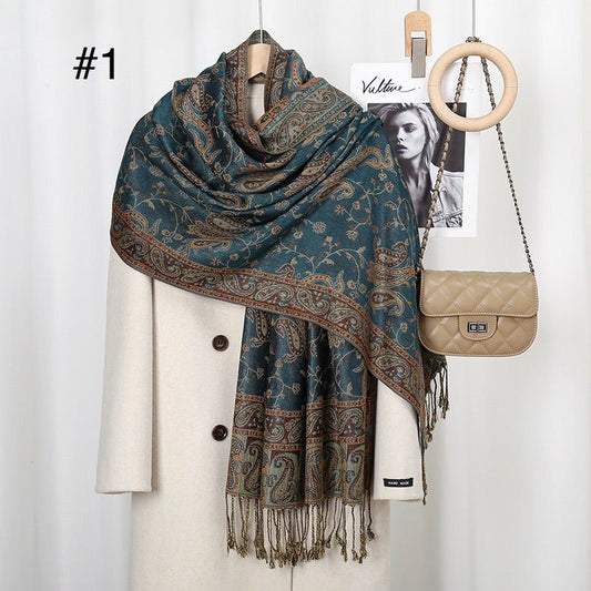Classic Ethnic Style Popular Cashew Nutted Printed Hanging Tassel Elegant Shawl - Elara Global