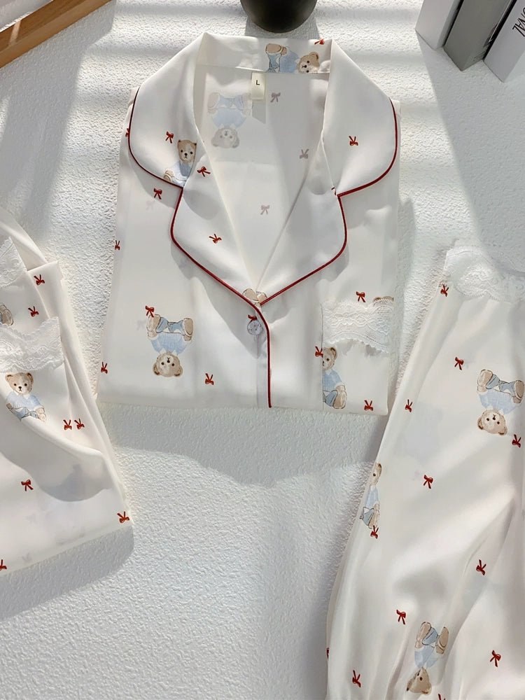 Cute Cartoon Bear Ice Silk Short - Sleeved Three - Piece Set - Elara Global