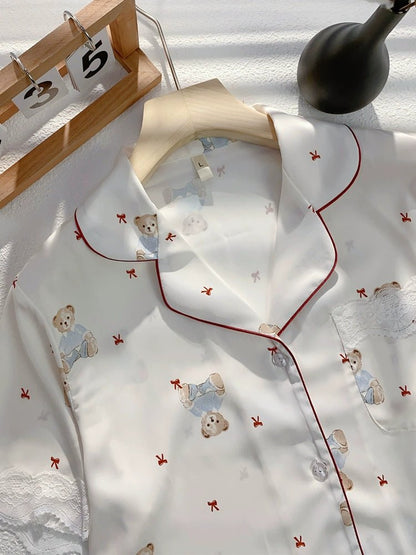 Cute Cartoon Bear Ice Silk Short - Sleeved Three - Piece Set - Elara Global