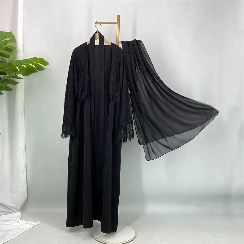 Elegant luxury lace cape cardigan abaya with hijab (EG134) - Elara Global