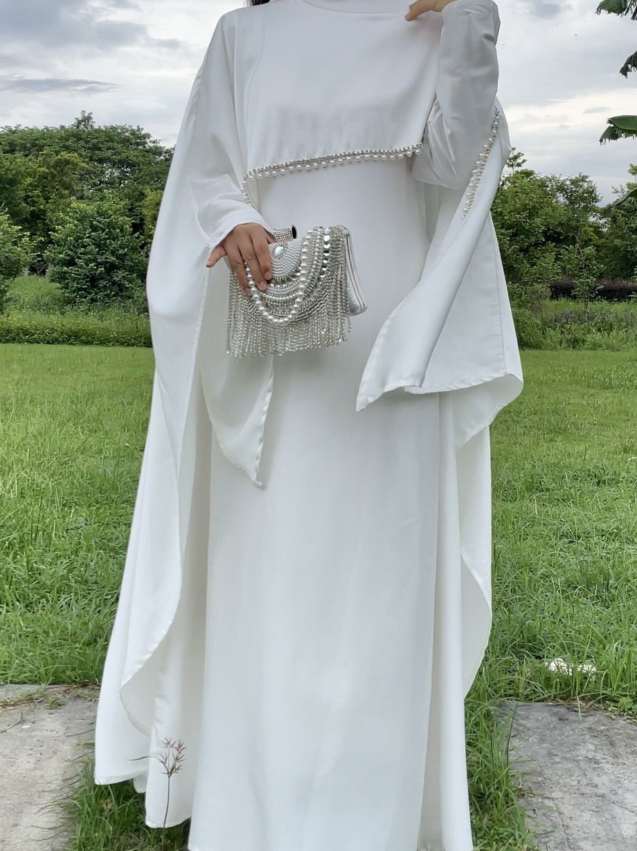Elegant Satin Abaya with Rhinestone Cape | Luxurious Modest Evening Dress (EG130) - Elara Global