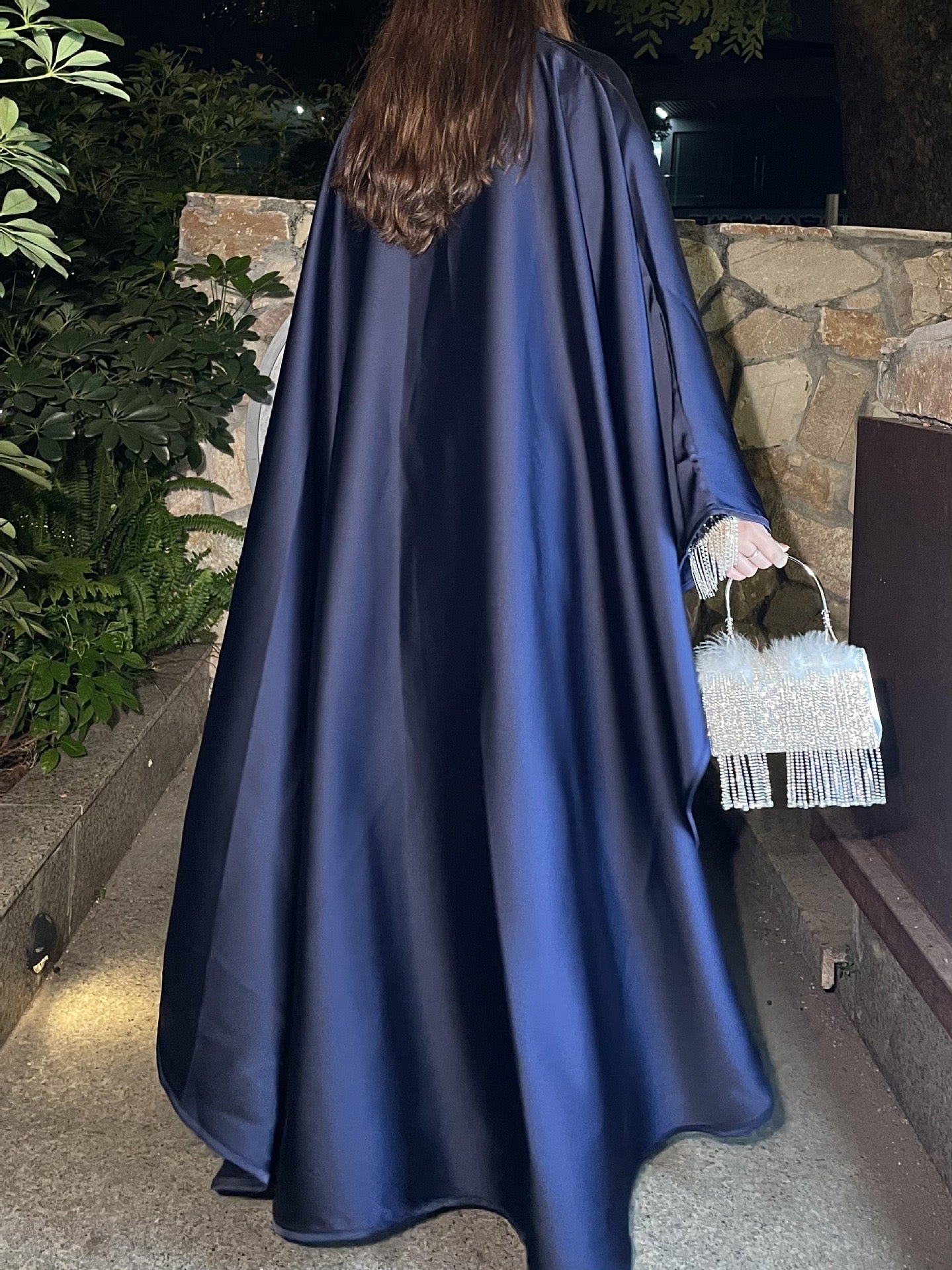 Elegant Satin Abaya with Rhinestone Cape | Luxurious Modest Evening Dress (EG130) - Elara Global