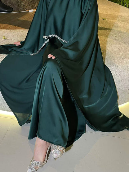 Elegant Satin Abaya with Rhinestone Cape | Luxurious Modest Evening Dress (EG130) - Elara Global