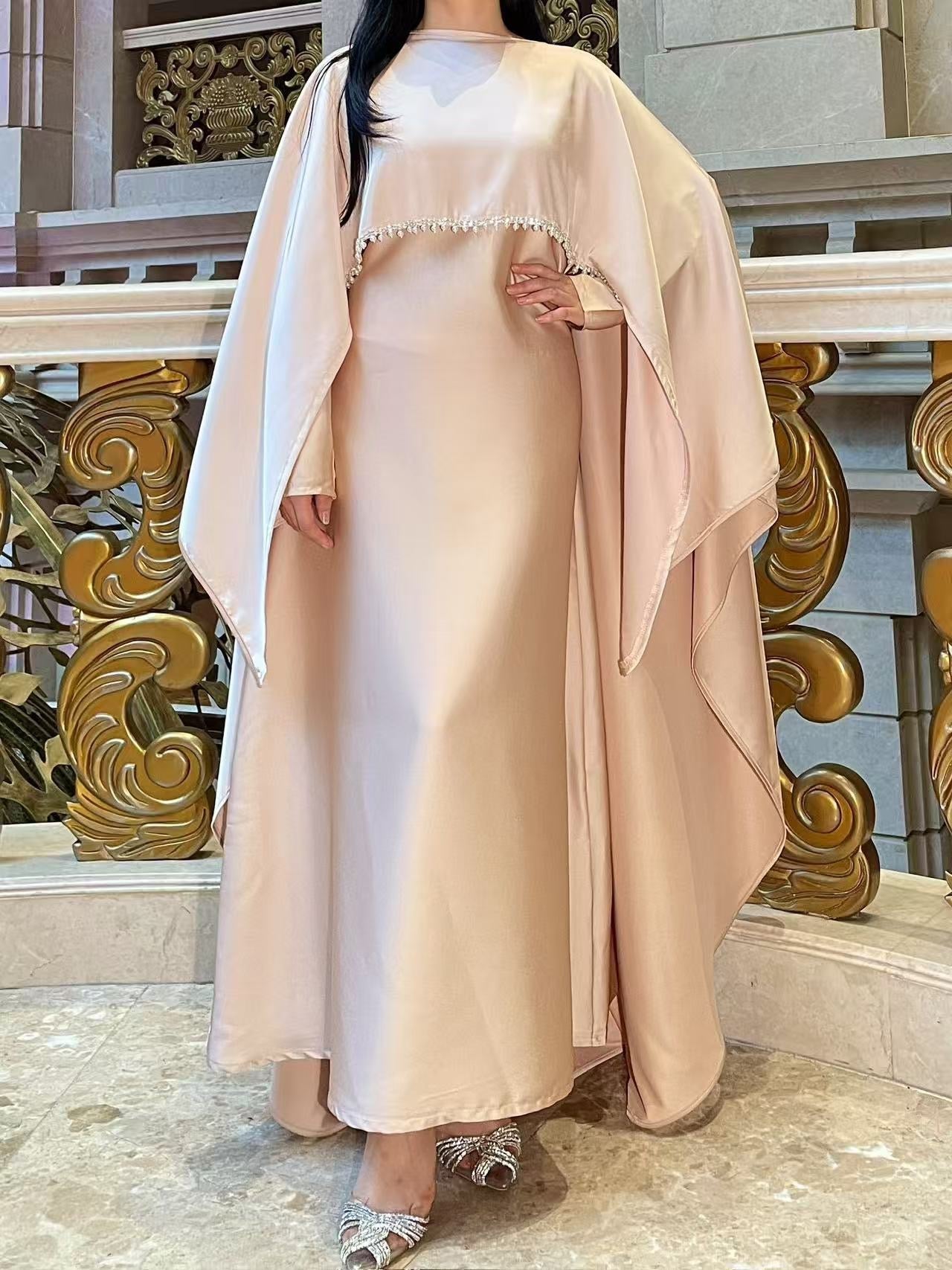 Elegant Satin Abaya with Rhinestone Cape | Luxurious Modest Evening Dress (EG130) - Elara Global