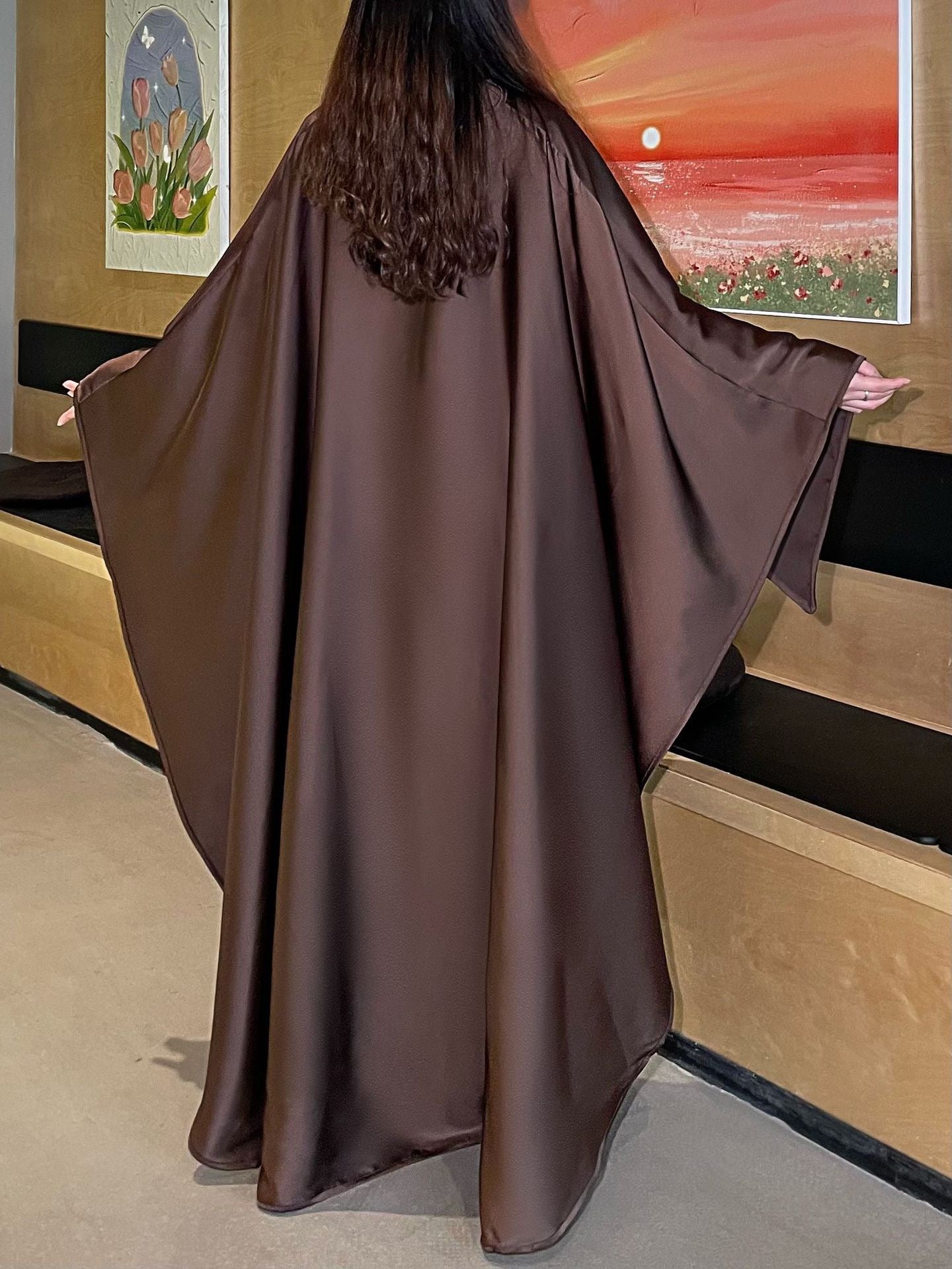 Elegant Satin Abaya with Rhinestone Cape | Luxurious Modest Evening Dress (EG130) - Elara Global