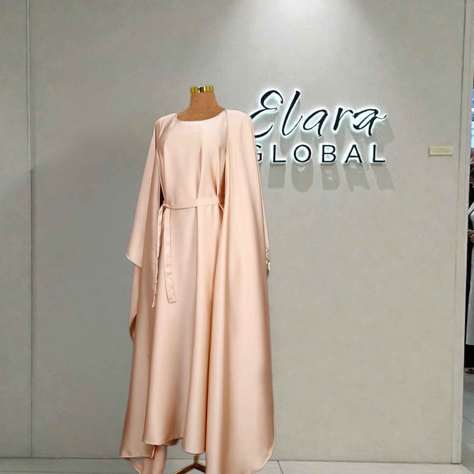 Elegant Satin Kaftan 3 - Piece Abaya Set With Beaded Fringe Details (EG125) - Elara Global