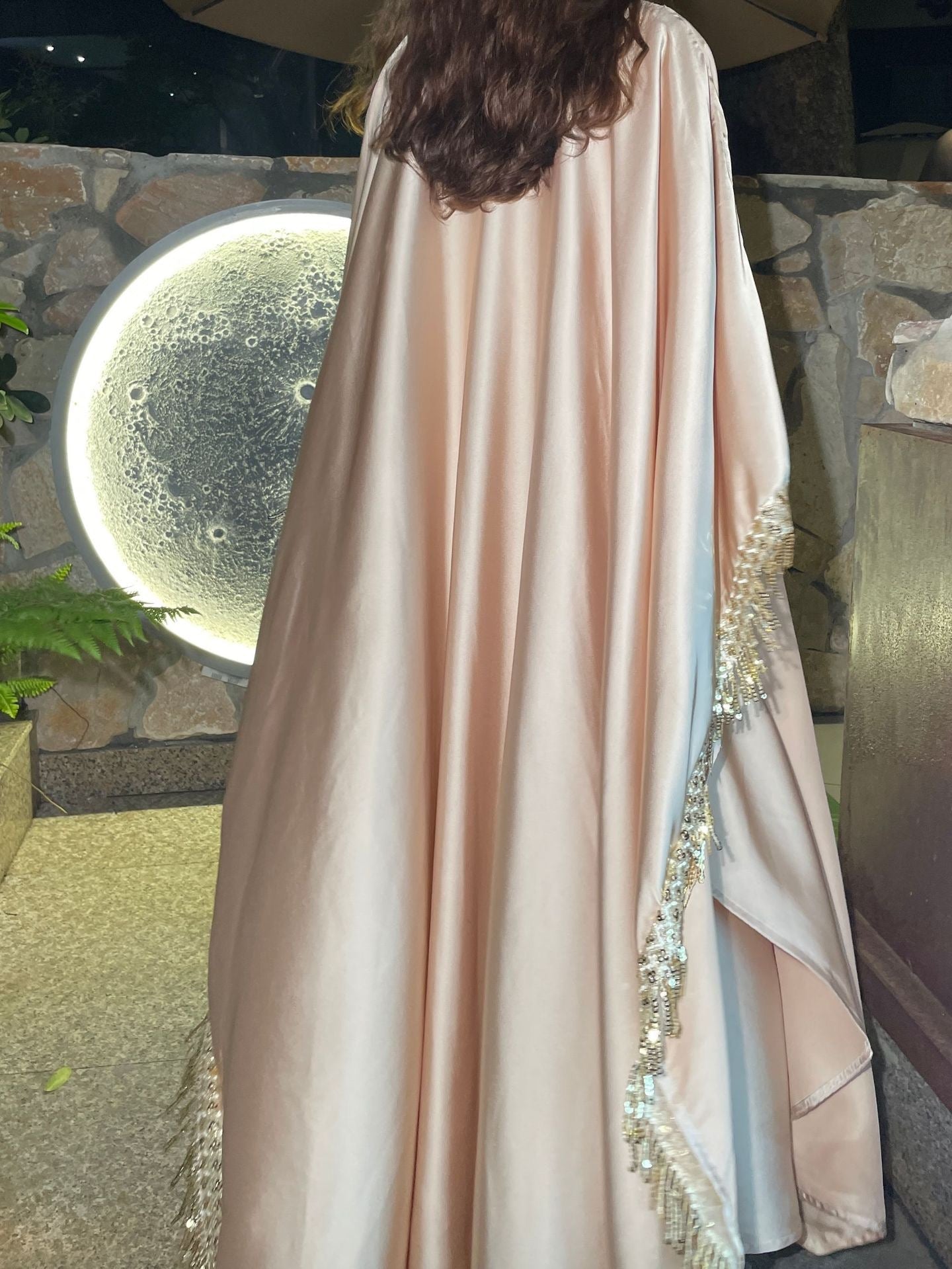 Elegant Satin Kaftan 3 - Piece Abaya Set With Beaded Fringe Details (EG125) - Elara Global