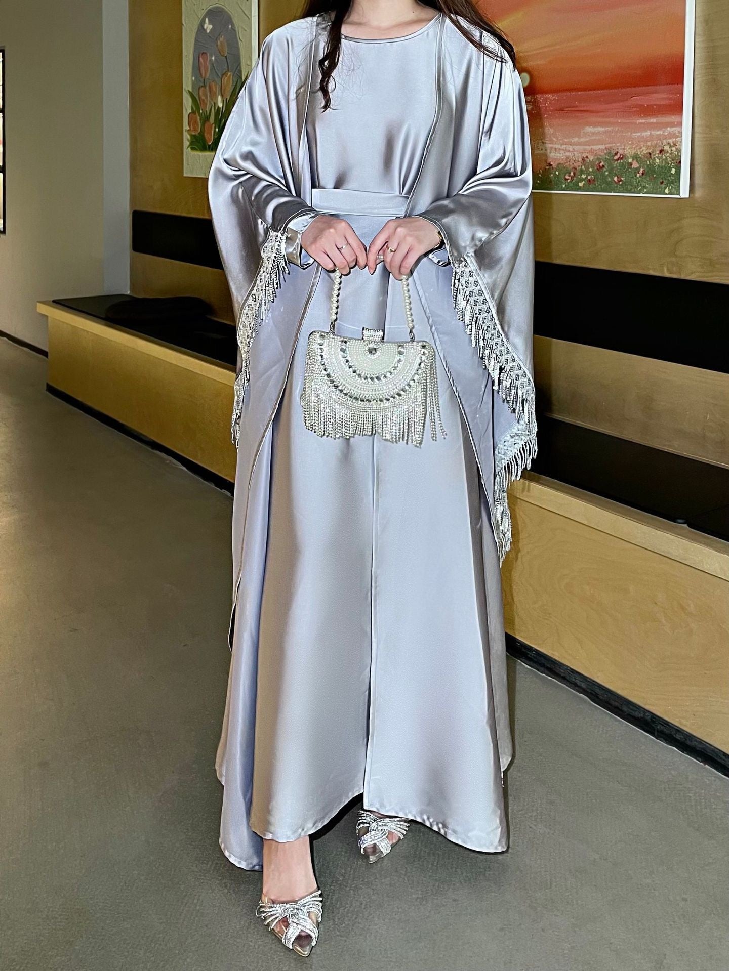 Elegant Satin Kaftan 3 - Piece Abaya Set With Beaded Fringe Details (EG125) - Elara Global