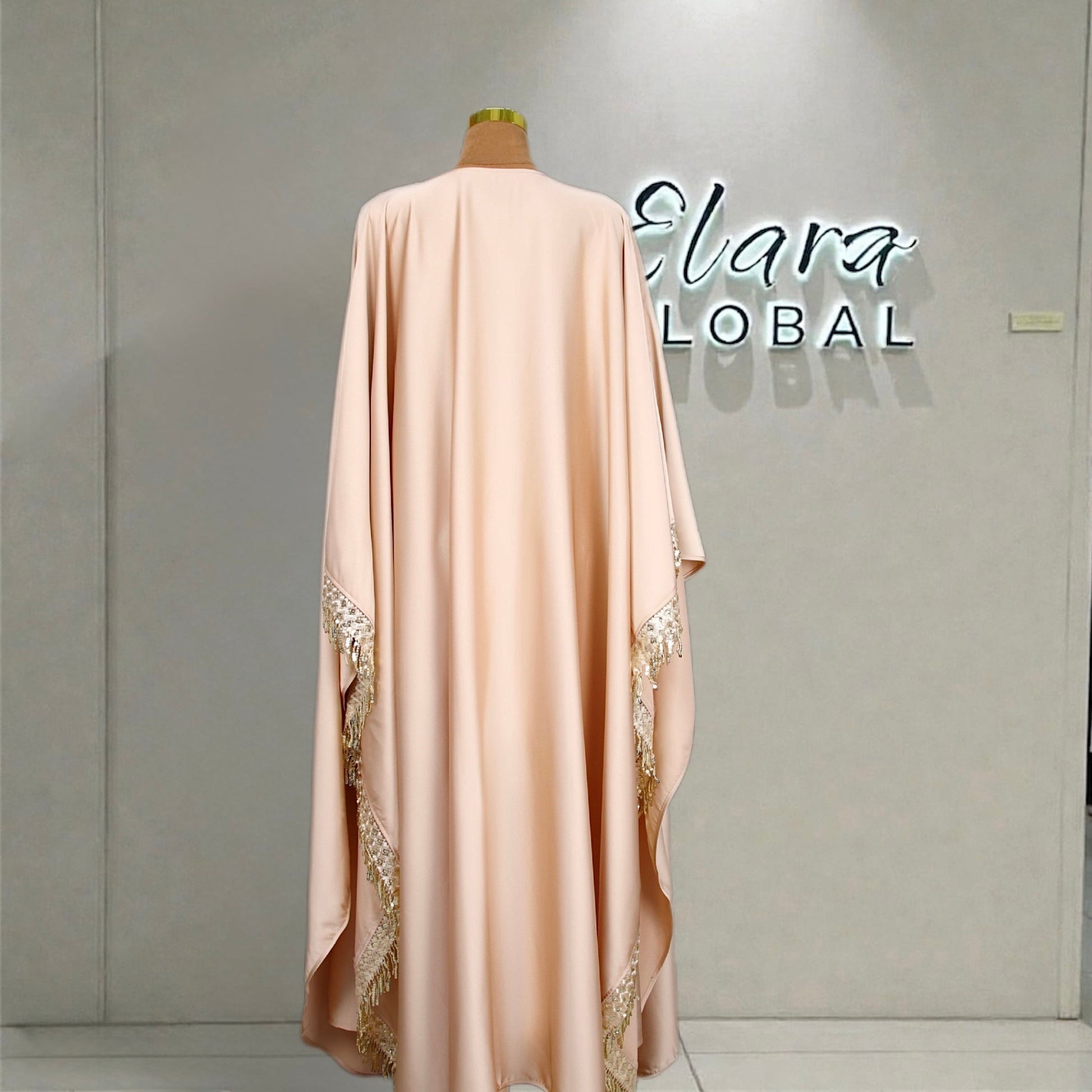 Elegant Satin Kaftan 3 - Piece Abaya Set With Beaded Fringe Details (EG125) - Elara Global