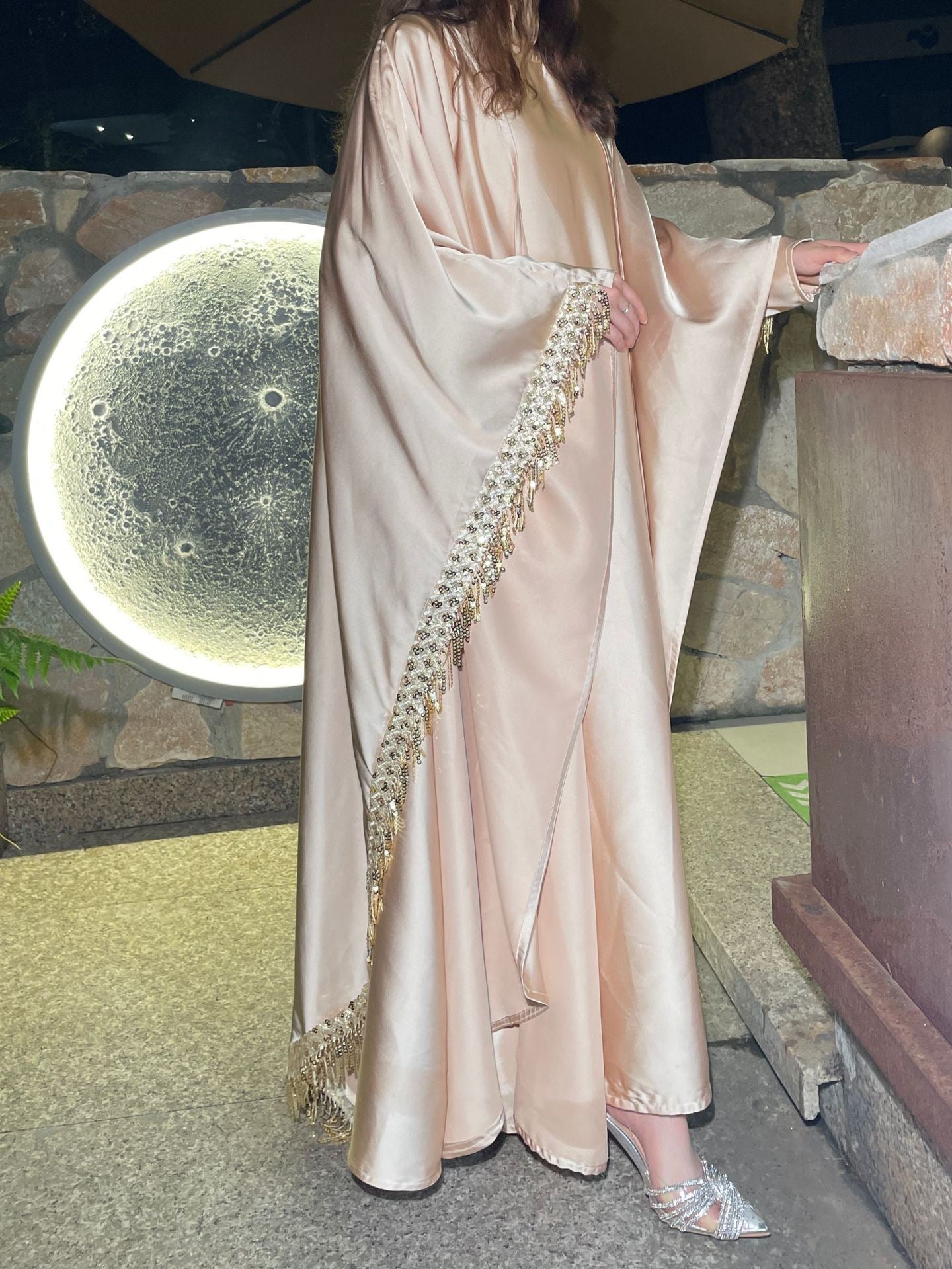 Elegant Satin Kaftan 3 - Piece Abaya Set With Beaded Fringe Details (EG125) - Elara Global