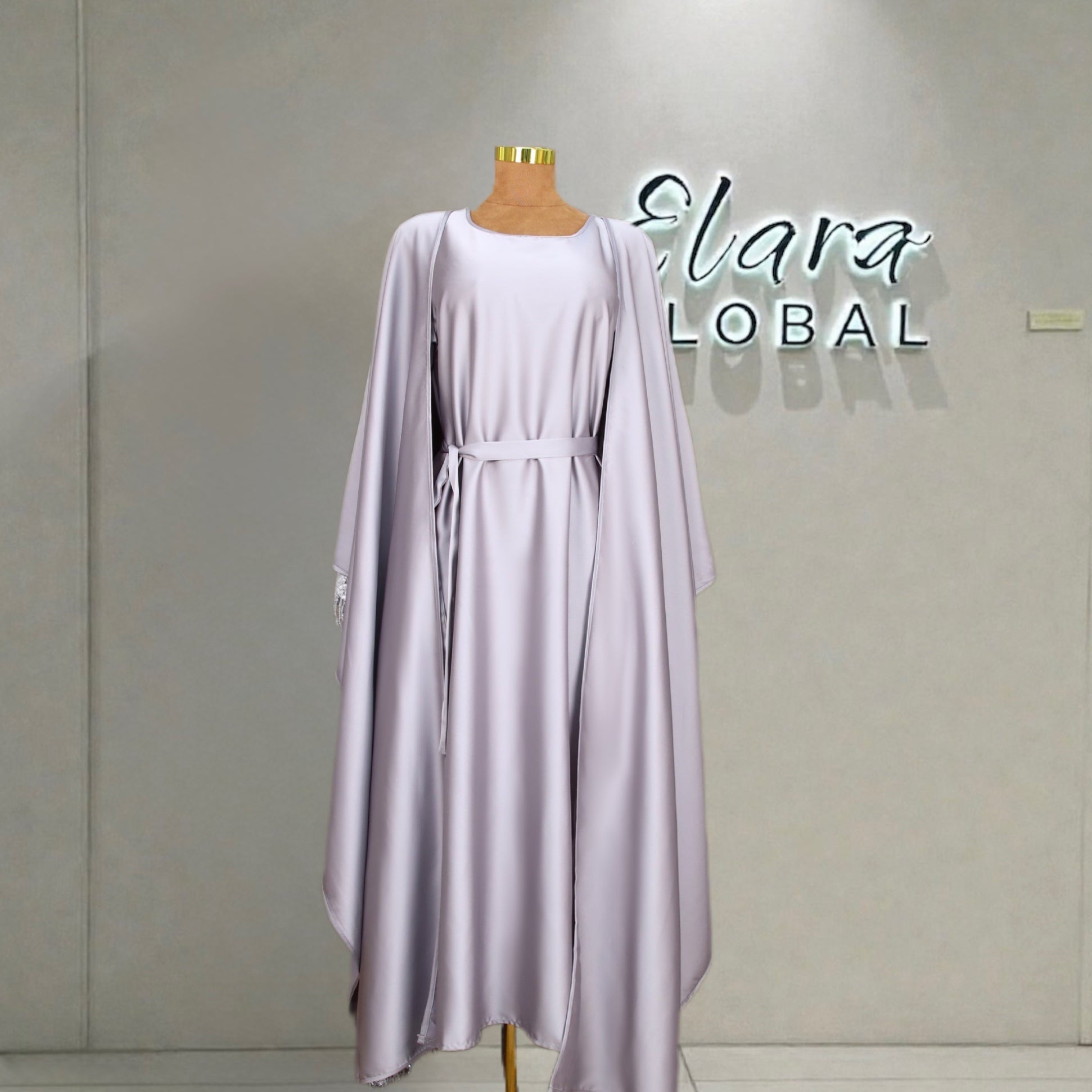 Elegant Satin Kaftan 3 - Piece Abaya Set With Beaded Fringe Details (EG125) - Elara Global