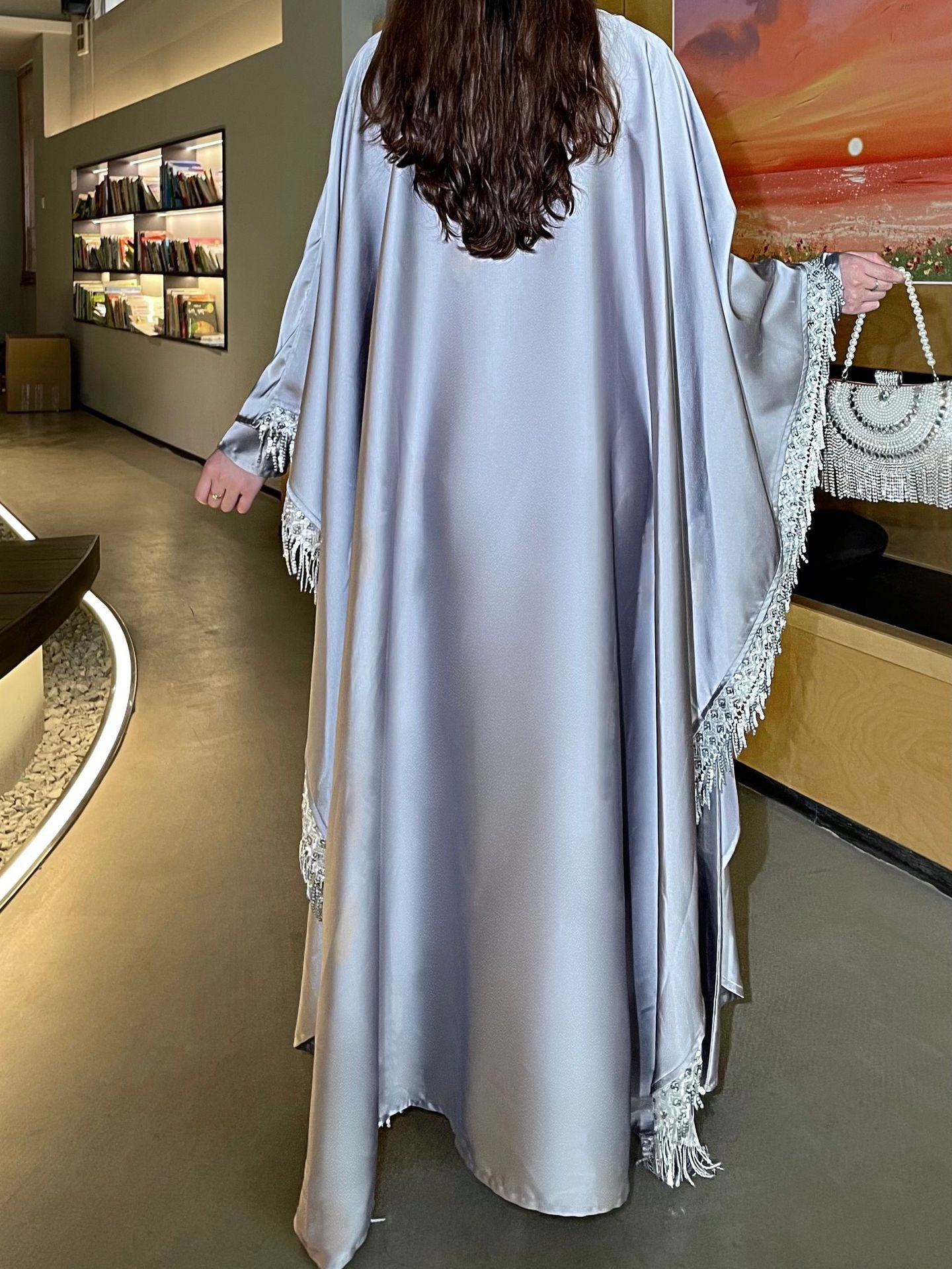 Elegant Satin Kaftan 3 - Piece Abaya Set With Beaded Fringe Details (EG125) - Elara Global