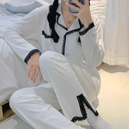 Elegant White Lace Trim Split Bottom Pajama Set (EG217)