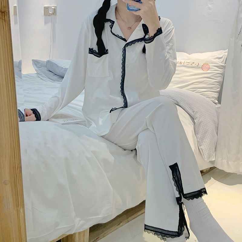Elegant White Lace Trim Split Bottom Pajama Set (EG217)