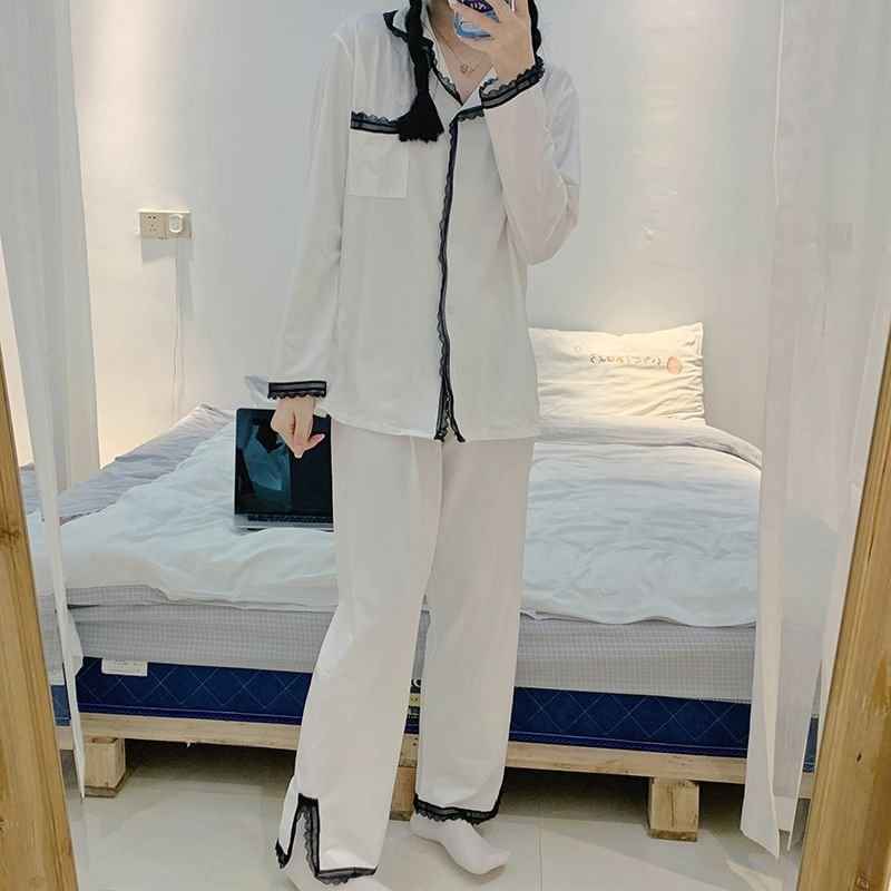 Elegant White Lace Trim Split Bottom Pajama Set (EG217)