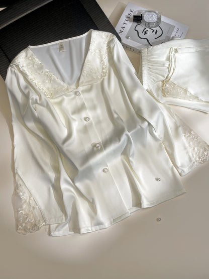 Embroidered Lace Ice Silk Pajama Set - Elara Global
