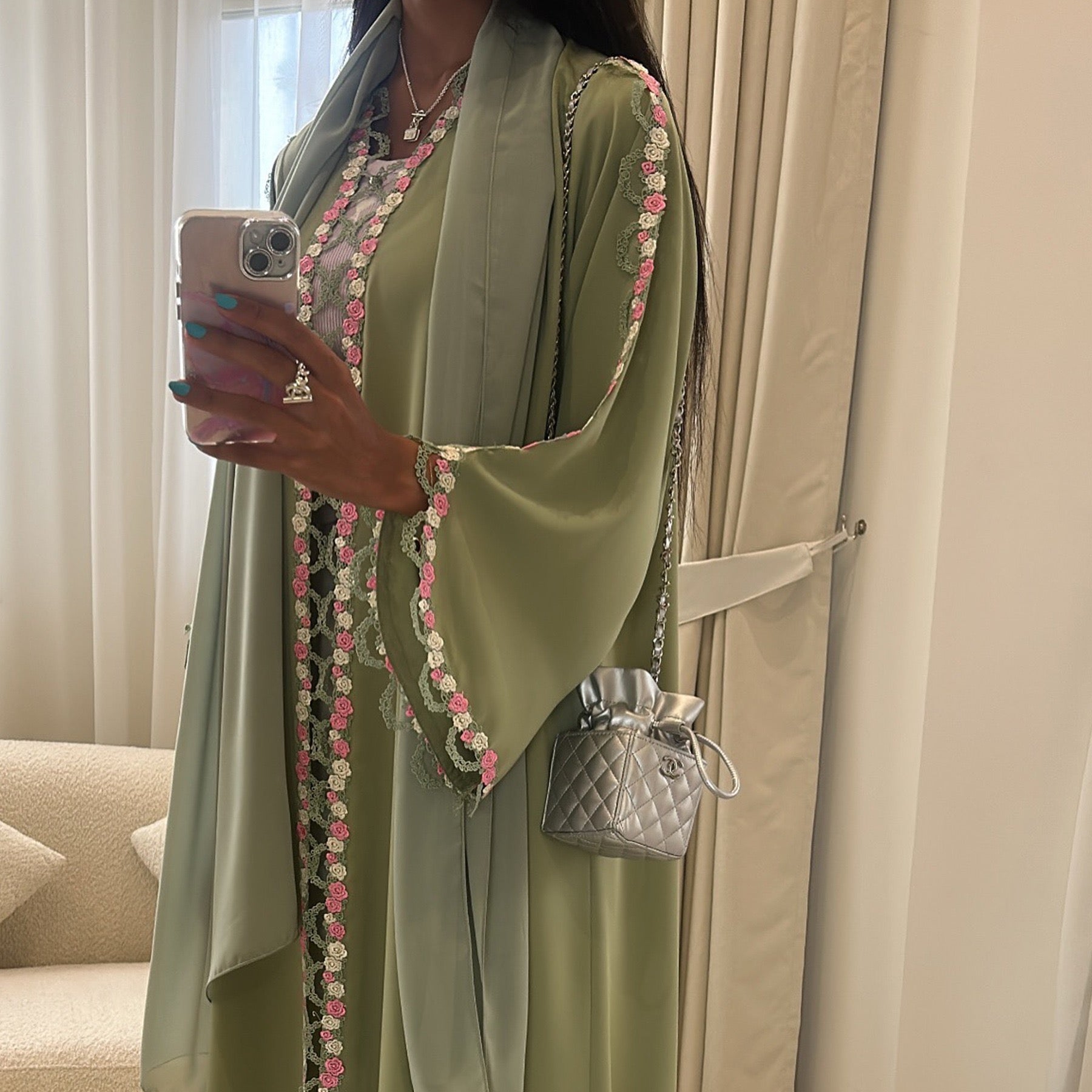 Floral Edge Open Abaya Cardigan With Matching Hijab (EG123) - Elara Global