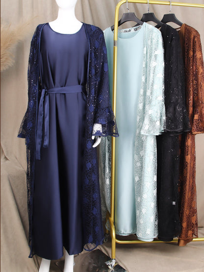 Floral Lace, Elegant Bell Sleeve Open 2 - Piece Abaya Set (EG115) - Elara Global