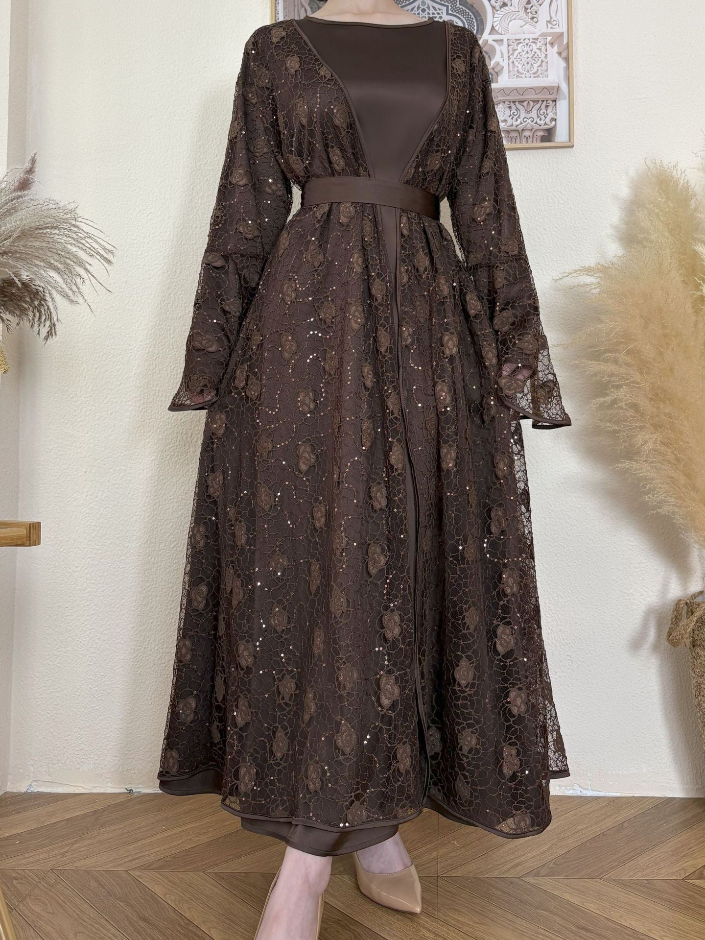 Floral Lace, Elegant Bell Sleeve Open 2 - Piece Abaya Set (EG115) - Elara Global