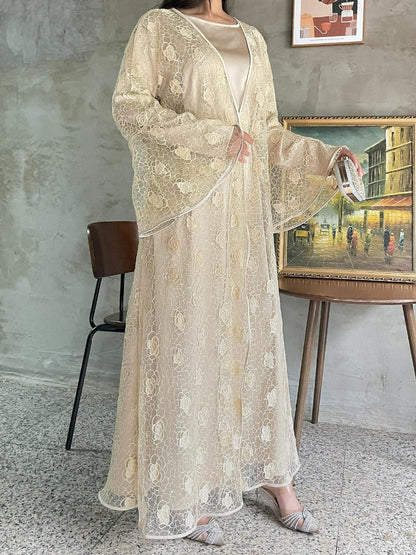 Floral Lace, Elegant Bell Sleeve Open 2 - Piece Abaya Set (EG115) - Elara Global