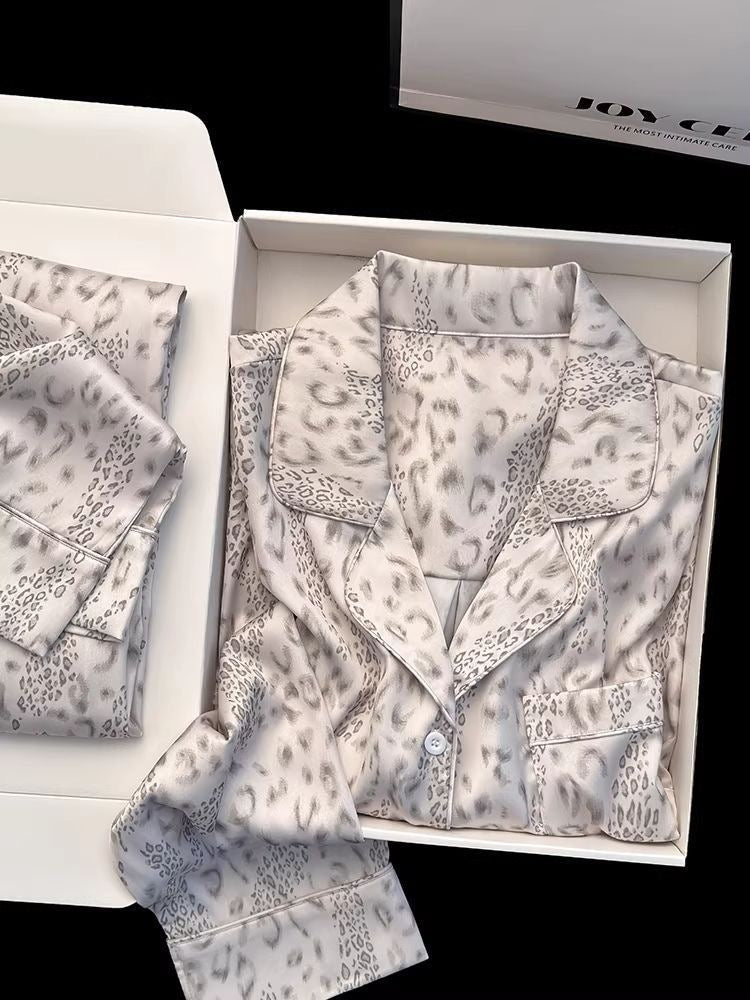 Ice Silk Leopard Print Button - Up Pajama Set (EG220) - Elara Global