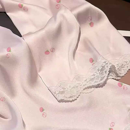 Ice Silk Long Sleeved Lace - Trim Pajama Set - Pink (EG219) - Elara Global