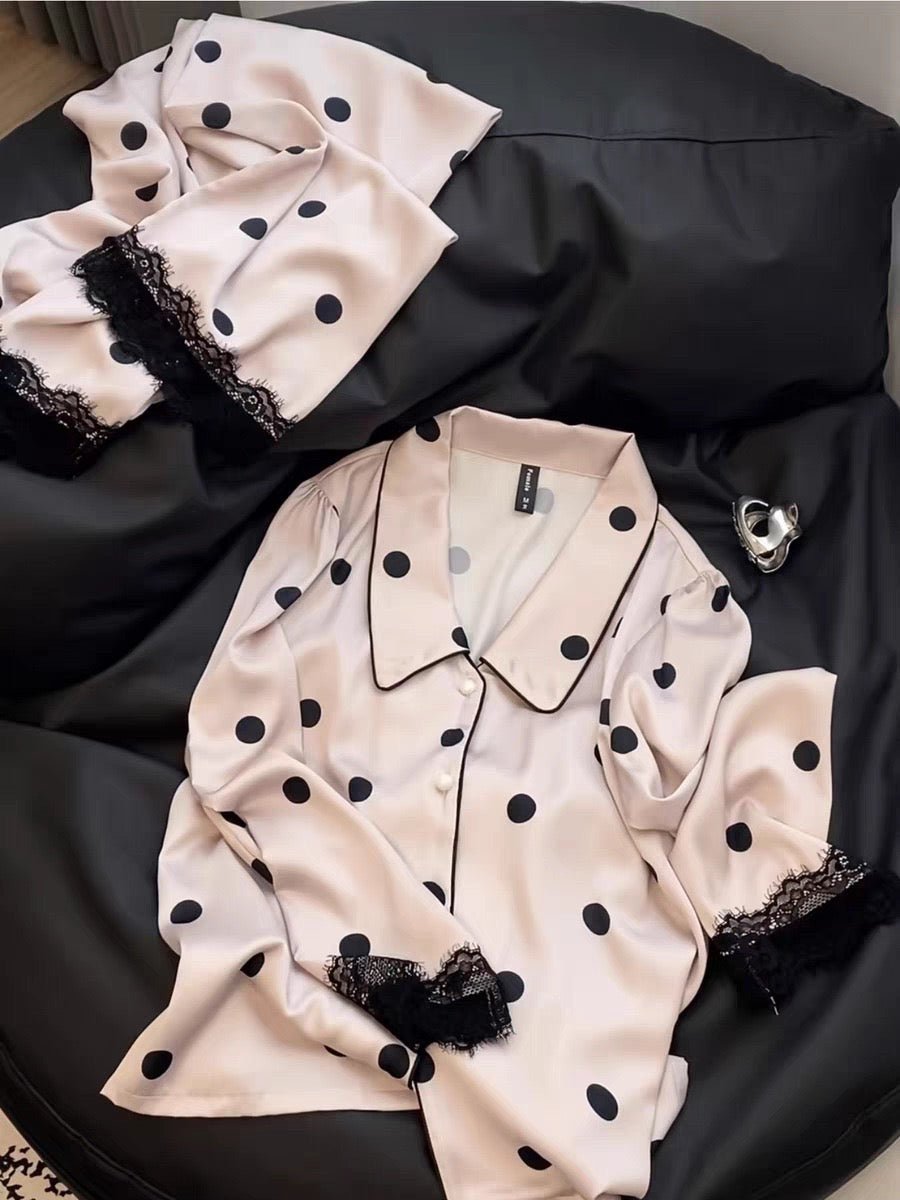 Ice Silk Long - Sleeved Polka Dot Pajama Set (EG207) - Elara Global