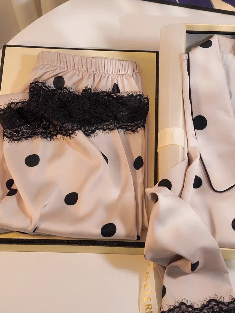 Ice Silk Long - Sleeved Polka Dot Pajama Set (EG207) - Elara Global
