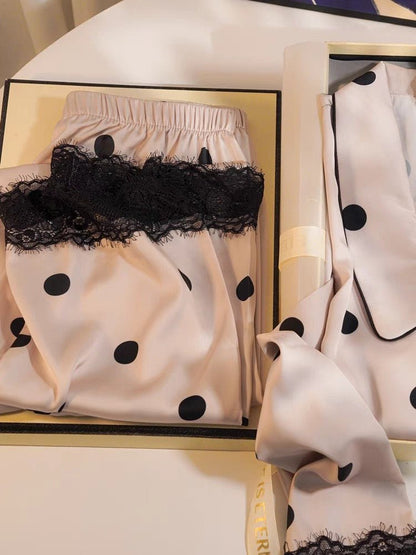 Ice Silk Long - Sleeved Polka Dot Pajama Set (EG207) - Elara Global
